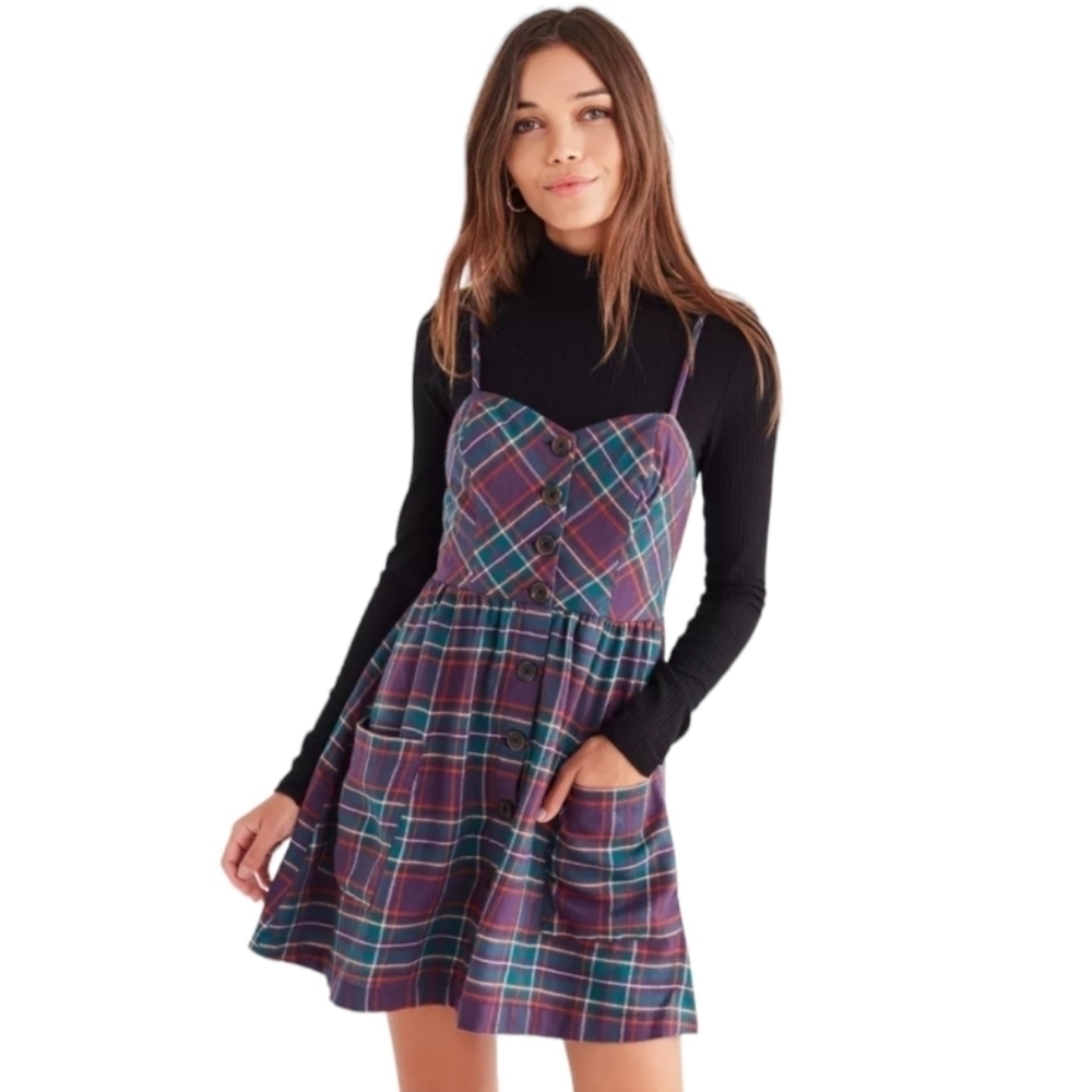 Urban Outfitters Academia Plaid Spaghetti Strap Button Fit & Flare Dress SZ M
